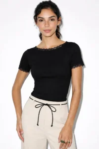 Bianco Lucci Women's Boat Neck Lace Detailed Soft Touch Blouse 0993 - Image 3