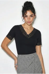 Bianco Lucci Women's V-Neck Lace Detailed Soft Touch Blouse 0991