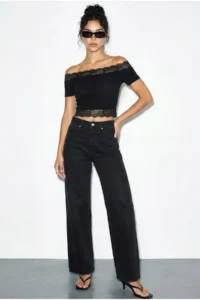 Bianco Lucci Women's Madonna Collar Lace Detailed Soft Touch Crop Blouse 0992