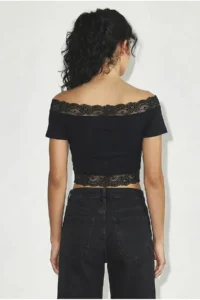 Bianco Lucci Women's Madonna Collar Lace Detailed Soft Touch Crop Blouse 0992 - Image 6