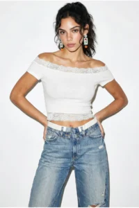 Bianco Lucci Women's Madonna Collar Lace Detailed Soft Touch Crop Blouse 0992