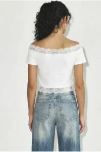 Bianco Lucci Women's Madonna Collar Lace Detailed Soft Touch Crop Blouse 0992 - Image 4