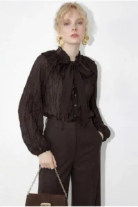 Bianco Lucci Women's Collar Tied Flounce Detailed Wrinkle Effect Shirt 0943 - Image 2