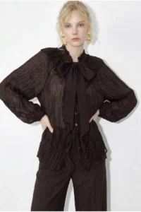 Bianco Lucci Women's Collar Tied Flounce Detailed Wrinkle Effect Shirt 0943 - Image 3