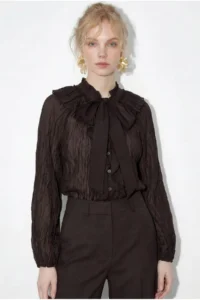 Bianco Lucci Women's Collar Tied Flounce Detailed Wrinkle Effect Shirt 0943 - Image 6
