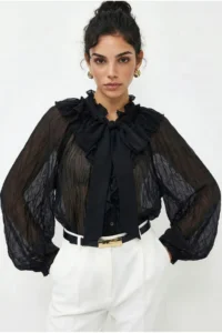 Bianco Lucci Women's Collar Tied Flounce Detailed Wrinkle Effect Shirt 0943