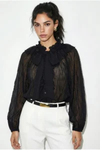Bianco Lucci Women's Collar Tied Flounce Detailed Wrinkle Effect Shirt 0943 - Image 2