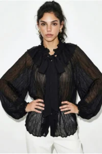 Bianco Lucci Women's Collar Tied Flounce Detailed Wrinkle Effect Shirt 0943 - Image 3