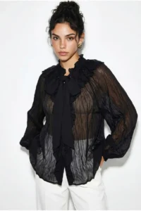 Bianco Lucci Women's Collar Tied Flounce Detailed Wrinkle Effect Shirt 0943 - Image 4