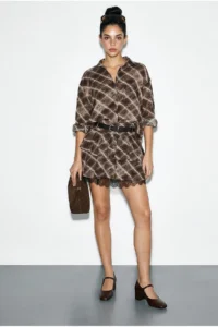 Bianco Lucci Women's Plaid Patterned Oversize Shirt, Lace Detailed Belted Layered Skirt Suit 0530 - Image 4