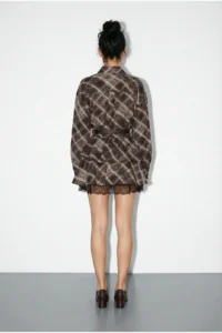 Bianco Lucci Women's Plaid Patterned Oversize Shirt, Lace Detailed Belted Layered Skirt Suit 0530 - Image 7