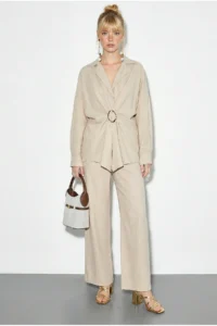Bianco Lucci Women's Oversize Shirt with Wide Leg Trousers Top and Bottom Set with Accessories 7613