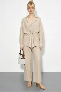 Bianco Lucci Women's Oversize Shirt with Wide Leg Trousers Top and Bottom Set with Accessories 7613 - Image 2