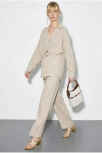 Bianco Lucci Women's Oversize Shirt with Wide Leg Trousers Top and Bottom Set with Accessories 7613 - Image 3