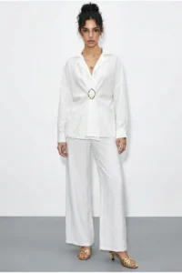 Bianco Lucci Women's Oversize Shirt with Wide Leg Trousers Top and Bottom Set with Accessories 7613