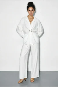 Bianco Lucci Women's Oversize Shirt with Wide Leg Trousers Top and Bottom Set with Accessories 7613 - Image 2