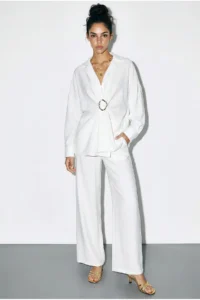 Bianco Lucci Women's Oversize Shirt with Wide Leg Trousers Top and Bottom Set with Accessories 7613 - Image 3