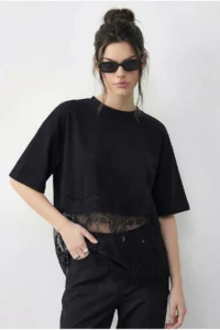 Bianco Lucci Women's Crew Neck Lace Detailed Comfortable T-Shirt 1074 - Image 2