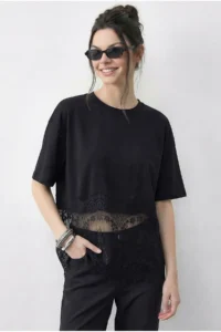 Bianco Lucci Women's Crew Neck Lace Detailed Comfortable T-Shirt 1074 - Image 3