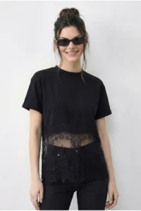 Bianco Lucci Women's Crew Neck Lace Detailed Comfortable T-Shirt 1074 - Image 4