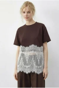 Bianco Lucci Women's Crew Neck Lace Detailed Comfortable T-Shirt 1074