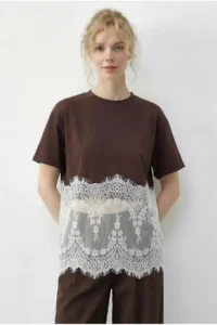 Bianco Lucci Women's Crew Neck Lace Detailed Comfortable T-Shirt 1074 - Image 2