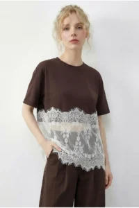 Bianco Lucci Women's Crew Neck Lace Detailed Comfortable T-Shirt 1074 - Image 3