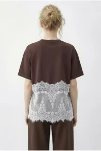 Bianco Lucci Women's Crew Neck Lace Detailed Comfortable T-Shirt 1074 - Image 4