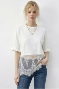Bianco Lucci Women's Crew Neck Lace Detailed Comfortable T-Shirt 1074 - Image 2