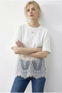 Bianco Lucci Women's Crew Neck Lace Detailed Comfortable T-Shirt 1074 - Image 3
