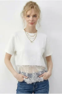 Bianco Lucci Women's Crew Neck Lace Detailed Comfortable T-Shirt 1074 - Image 4
