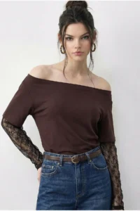 Bianco Lucci Women's Boat Neck Lace Sleeve Comfortable Fit Stylish Blouse 1070 - Image 2