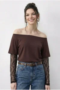 Bianco Lucci Women's Boat Neck Lace Sleeve Comfortable Fit Stylish Blouse 1070 - Image 3