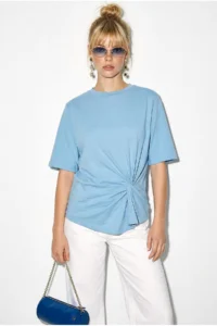 Bianco Lucci Women's Padded Shoulder Detailed Knot Detailed Short Sleeve T-Shirt 1067 - Image 2