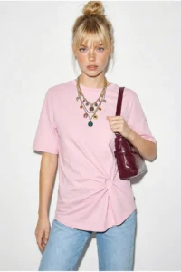 Bianco Lucci Women's Padded Shoulder Detailed Knot Detailed Short Sleeve T-Shirt 1067 - Image 3