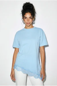 Bianco Lucci Women's Lace Detailed Asymmetric Cut Short Sleeve T-Shirt 1078 - Image 2
