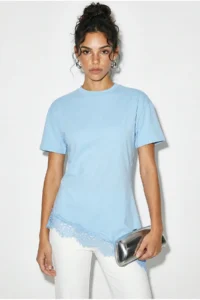 Bianco Lucci Women's Lace Detailed Asymmetric Cut Short Sleeve T-Shirt 1078 - Image 3