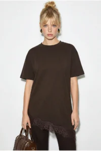 Bianco Lucci Women's Lace Detailed Asymmetric Cut Short Sleeve T-Shirt 1078