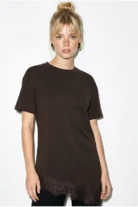 Bianco Lucci Women's Lace Detailed Asymmetric Cut Short Sleeve T-Shirt 1078 - Image 3