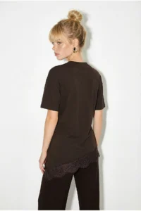 Bianco Lucci Women's Lace Detailed Asymmetric Cut Short Sleeve T-Shirt 1078 - Image 4