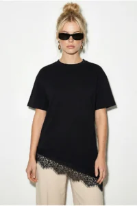 Bianco Lucci Women's Lace Detailed Asymmetric Cut Short Sleeve T-Shirt 1078