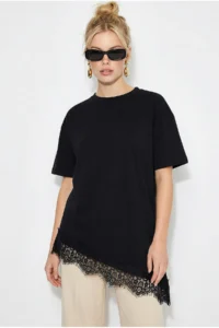 Bianco Lucci Women's Lace Detailed Asymmetric Cut Short Sleeve T-Shirt 1078 - Image 2