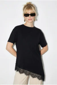 Bianco Lucci Women's Lace Detailed Asymmetric Cut Short Sleeve T-Shirt 1078 - Image 3