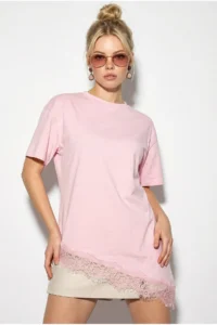 Bianco Lucci Women's Lace Detailed Asymmetric Cut Short Sleeve T-Shirt 1078