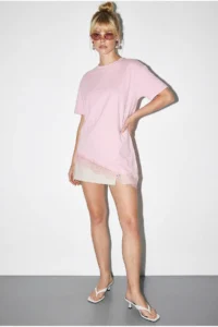 Bianco Lucci Women's Lace Detailed Asymmetric Cut Short Sleeve T-Shirt 1078 - Image 2