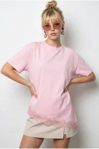 Bianco Lucci Women's Lace Detailed Asymmetric Cut Short Sleeve T-Shirt 1078 - Image 3
