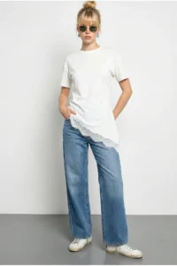 Bianco Lucci Women's Lace Detailed Asymmetric Cut Short Sleeve T-Shirt 1078
