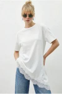 Bianco Lucci Women's Lace Detailed Asymmetric Cut Short Sleeve T-Shirt 1078 - Image 2