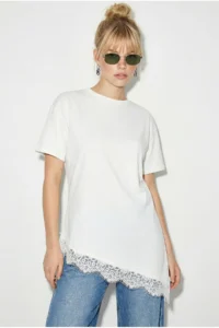 Bianco Lucci Women's Lace Detailed Asymmetric Cut Short Sleeve T-Shirt 1078 - Image 3