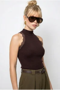 Bianco Lucci Women's Ribbed Lace Detailed Barbell Neck Blouse 1082